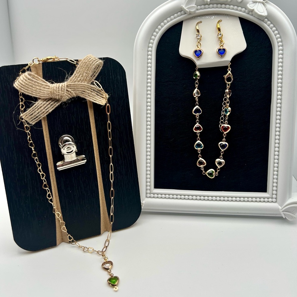 Gold-Tone Multicolor Heart Pendant Necklace, Bracelet and Earring Set
(251)